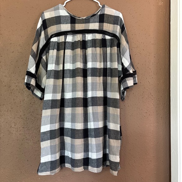 Maeve Dresses & Skirts - Maeve Anthropologie Plaid Crochet Lace Trim Babydoll Mini Dress Tunic Neutral S